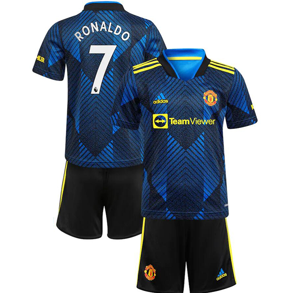 2021/22 Manchester United Kids Third Away Soccer Youth Kits Shirt With Shorts Ronaldo #7